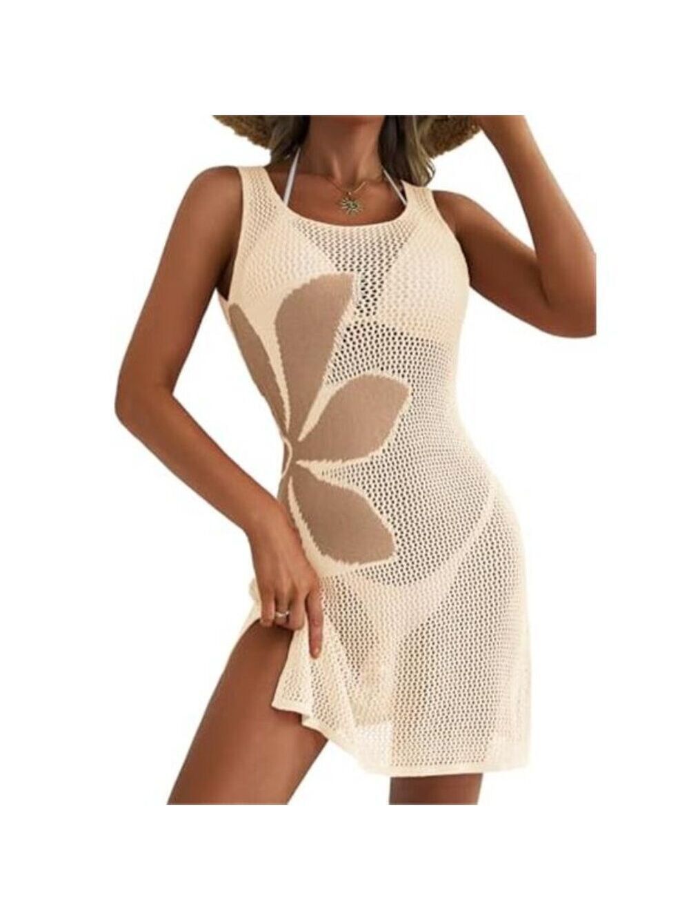 Women's Swimsuit Cover up Crochet Beach Floral Hollow Out Slit Bikini Sleeveless